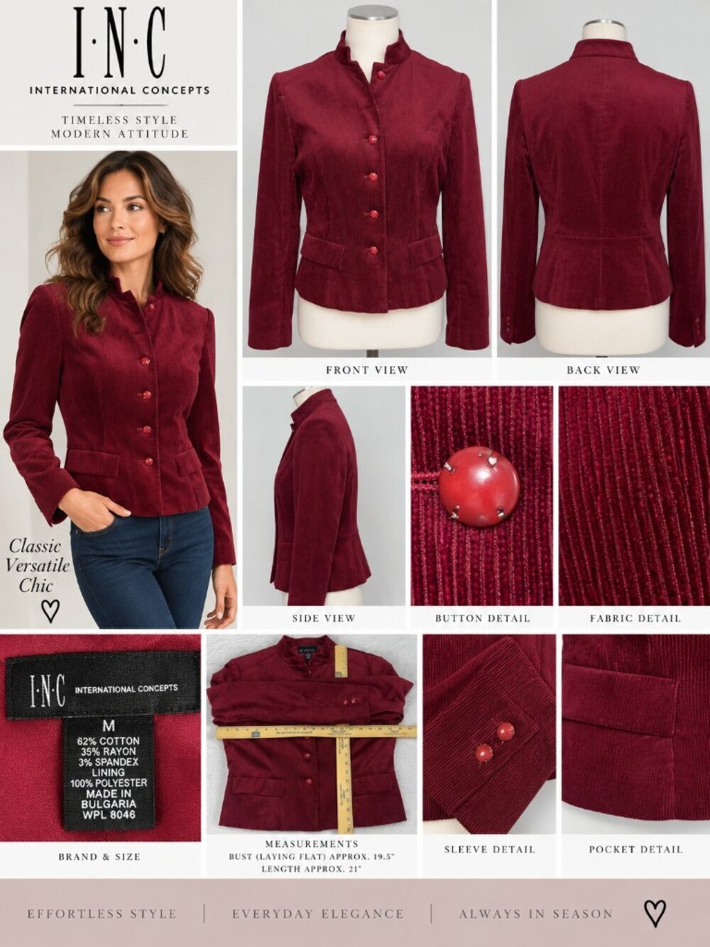 INC International Concepts Women’s M Burgundy Corduroy Mandarin Collar Blazer